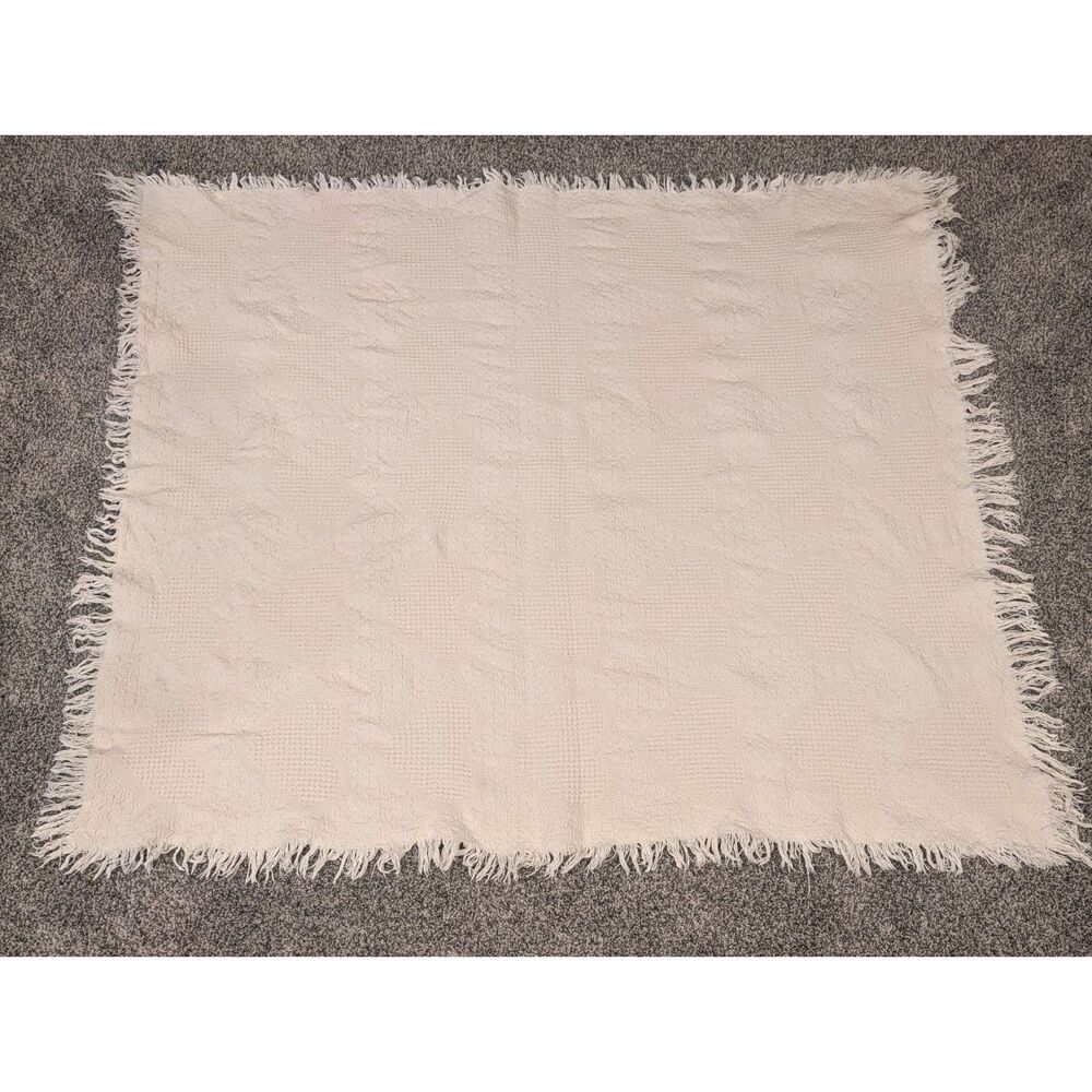 Vintage Waffle-Weave Fringed Lap Blanket — Cream Cotton